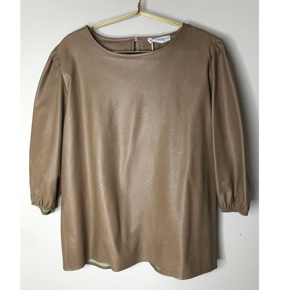 Cobblestone Living Violetta Faux Leather Top L/XL Tan Puff Sleeve